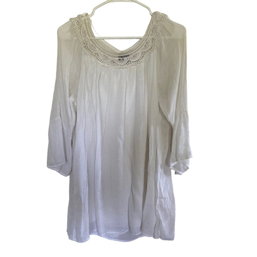 Calstyle boho white mini dress long sleeve beaded large